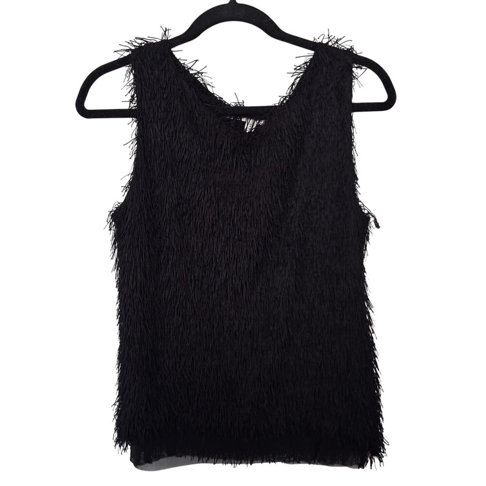 Max Studio Black Eyelash Fringe Sleeveless Blouse Top Women's Size S